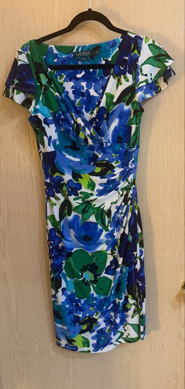 Lauren Ralph Lauren Blue Green Floral Ruched Faux Wrap Dress Size 4